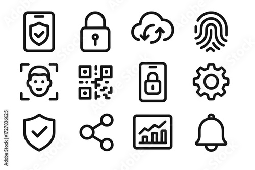 Digital Trust Icons. Digital trust exchange icons in outline style: smartphone with shield, secure lock, cloud sync, fingerprint, face scan, QR code,
