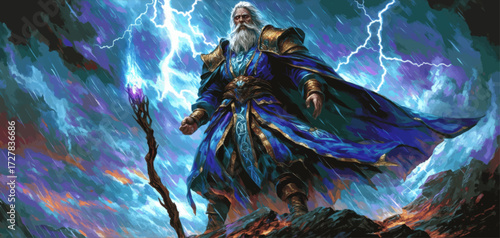 Epic Fantasy Wizard Conjuring Lightning Magic in Stormy Landscape – Powerful Sorcerer Artwork, Vibrant Blue Robes, Digital Illustration