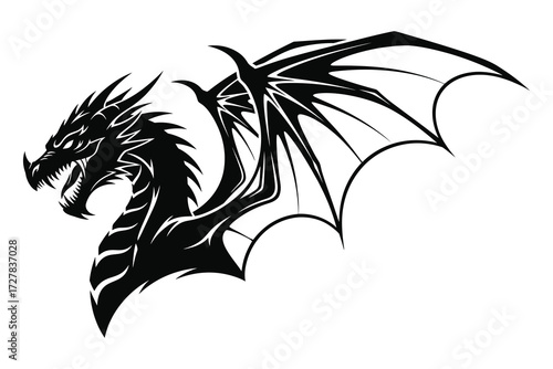 Fierce black dragon head with spiked wings tattoo design