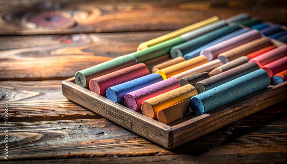 Fototapeta premium Vibrant Assortment of Chalk Sticks in Wooden Tray on Rustic Table