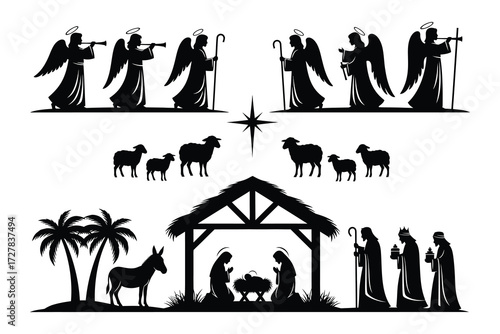 Nativity scene silhouette with angels and sheep christmas theme
