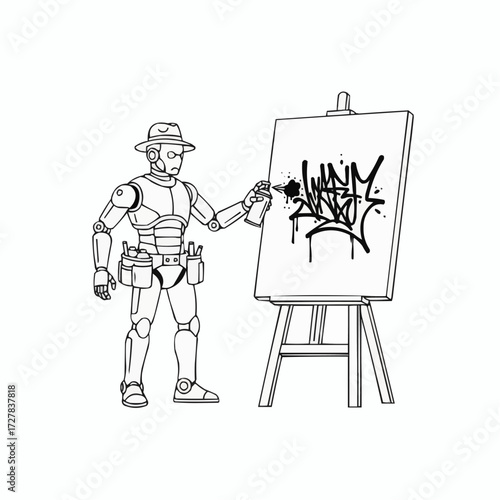 Robot artist spray painting graffiti art on canvas easel vector illustration