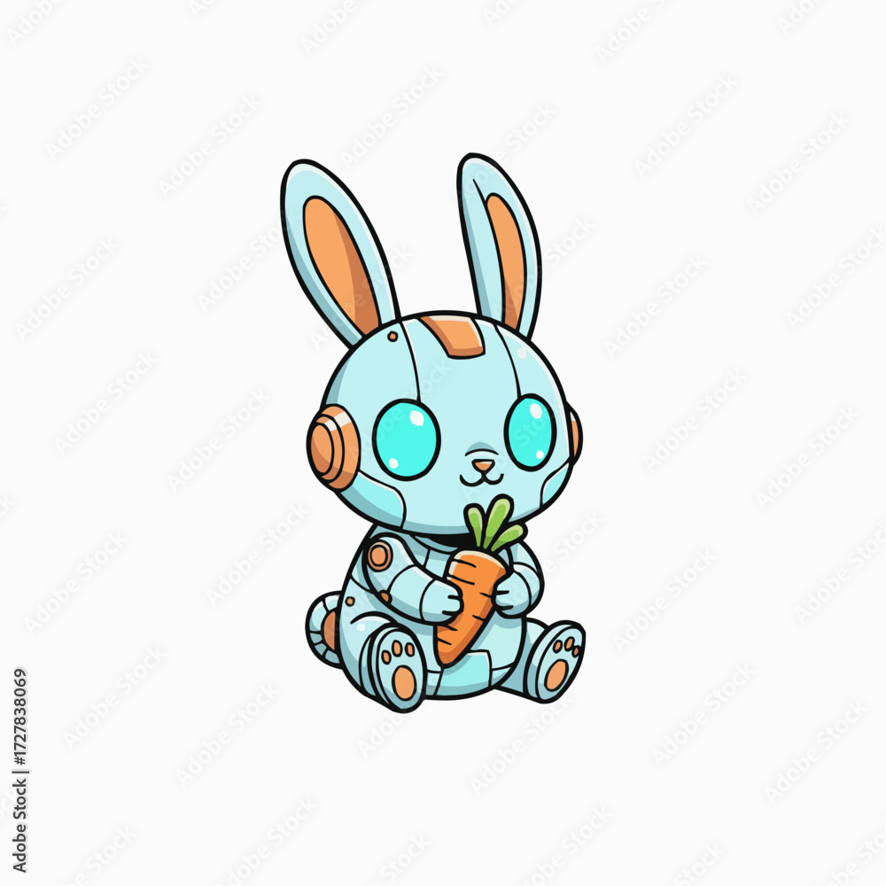 Obraz premium Cute robotic bunny holding a carrot vector illustration adorable sci-fi character art