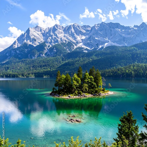 Scenic lake with an island, mountains, and clouds