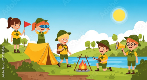 World Scout Day A group of cheerful children in scout uniforms enjoying a summer camp adventure, camping in nature with a tent and a campfire by the river