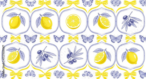 Lemon and Olive Pattern A Cheerful Design with Yellow Bows and Butterflies on a White Background