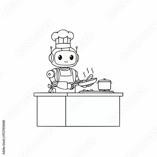 Cute robot chef cooking delicious food illustration on kitchen countertop