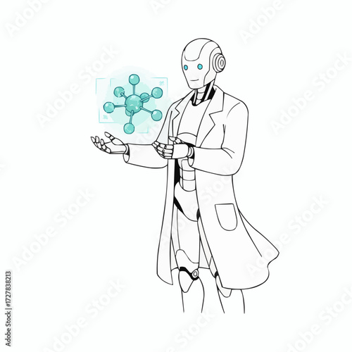 Futuristic robot scientist creating molecular structure in advanced laboratory science research