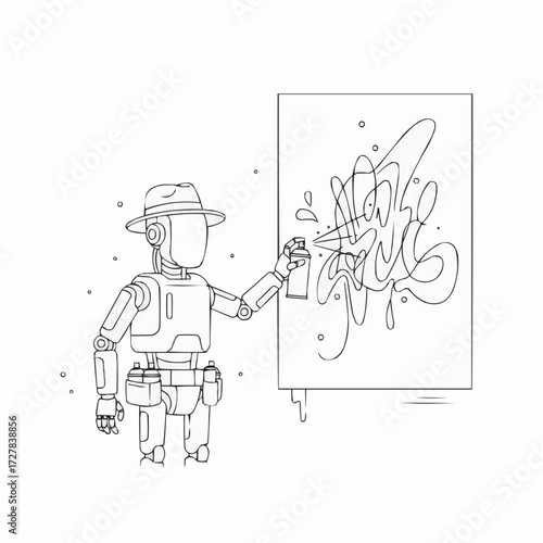 Robot street artist sprays graffiti art on canvas vector illustration scalable