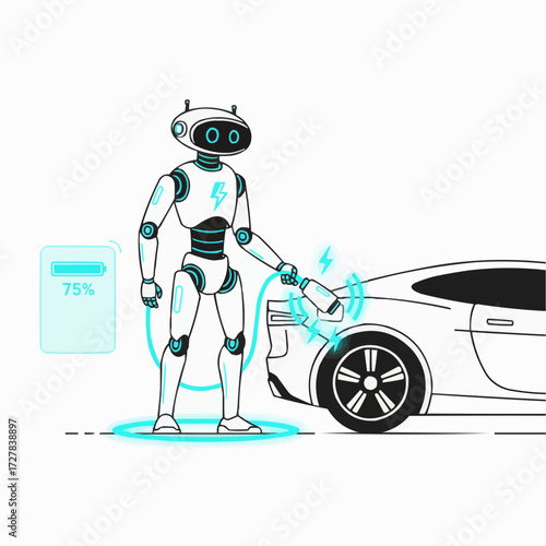 Robot washing car with water spray in futuristic technology illustration