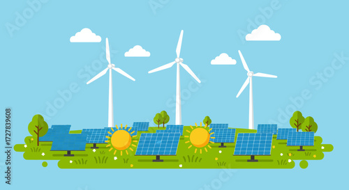 Renewable energy landscape with solar panels and wind turbines under a bright sun, promoting eco-friendly power generation