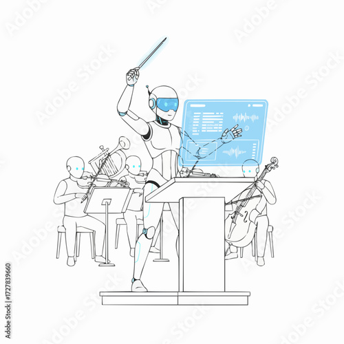 Robot conducting orchestra future symphony performance digital illustration vector art
