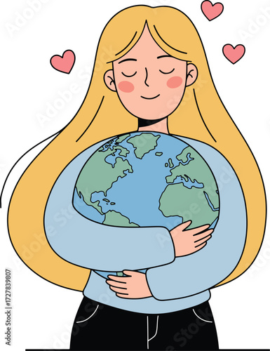 Woman embracing the Earth, environmental care and love
