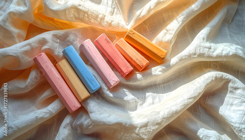 Colorful Chalk Sticks on Soft White Fabric Background