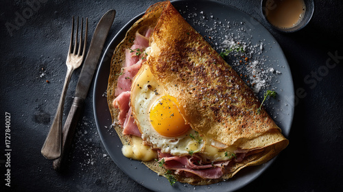Savory crepe: An appetizing shot showcasing a savory crepe filled with ham, melted cheese, and a perfectly cooked egg. Served with culinary art, and offering an experience for fine dining