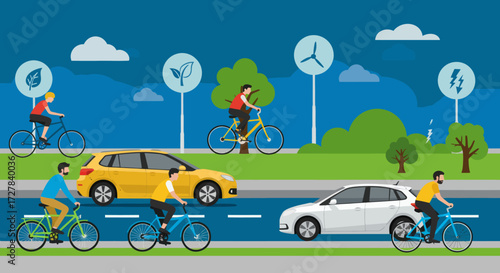 Illustration of eco-friendly transportation and renewable energy sources