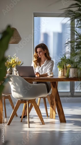 Woman working on laptop in modern dining area