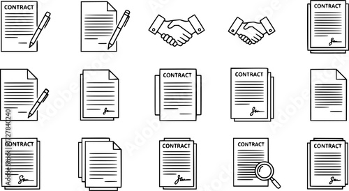 Set of contract document outline vector icons
