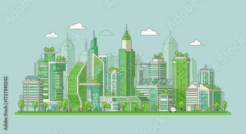 Green cityscape with futuristic eco-friendly buildings, renewable energy, and sustainable urban development