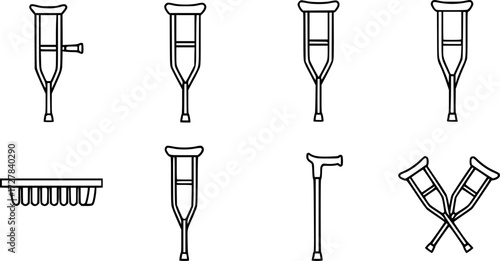 Set of crutch support outline vector icons
