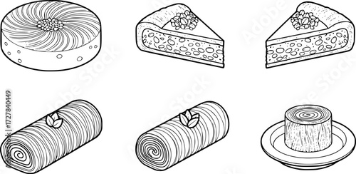 Set of kunafa dessert outline vector icons