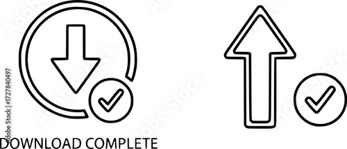 Set of download complete icon with arrow and checkmark outline vector icons