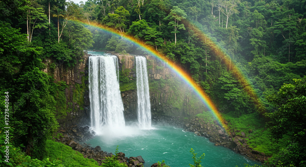 Fototapeta premium Rainbow forming over a tropical waterfall
