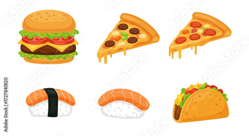 Delicious Vector Illustrations of Assorted Fast Foods, Including Burgers, Pizzas, Sushi, and Tacos