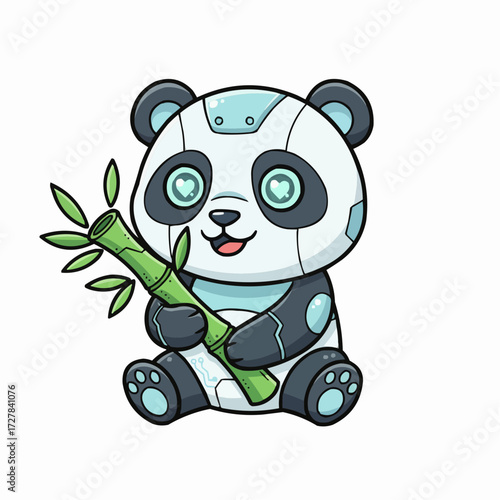 Cute robotic panda holding bamboo vector illustration for digital art projects
