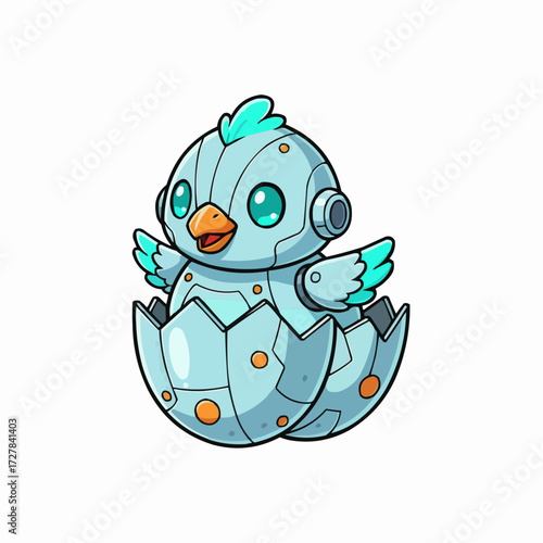 Adorable cyborg chick emerging from robotic eggshell vector illustration
