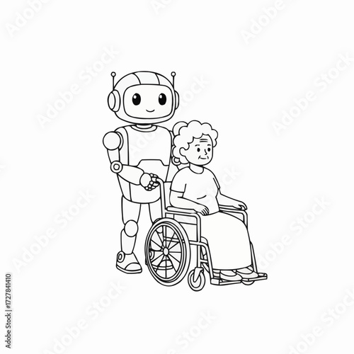 Friendly robot assists elderly person in wheelchair caring concept vector illustration