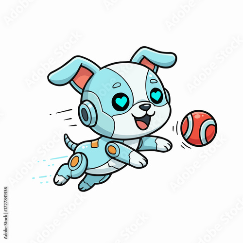 Adorable blue robot dog playfully chasing a red ball vector illustration