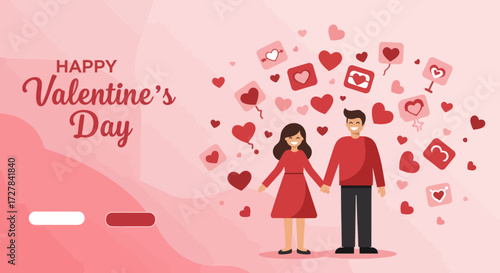 Happy Valentine's Day illustration with a couple holding hands surrounded by heart icons and romantic symbols