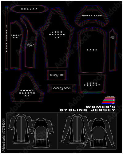 Technical vector pattern for women’s cycling jersey with short and long sleeves. Includes size range XS to XXXL, garment construction details and fashion design template for sportswear projects