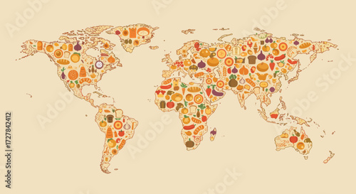 World map illustrated with various fruits and vegetables representing global food diversity and healthy eating habits, graphic representation