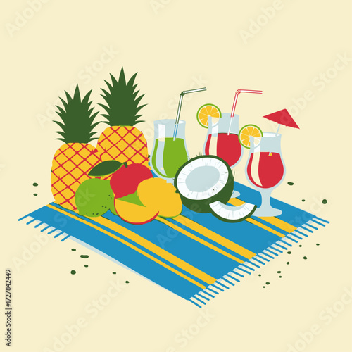 Tropical Beach Cocktails and Fruits Vector Illustration for Summer Vacation