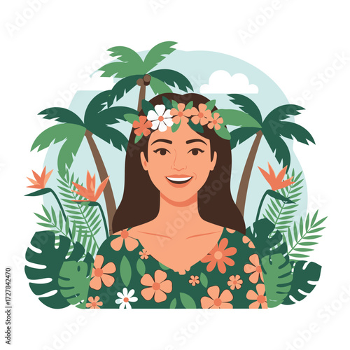 Beautiful Woman with Floral Crown in Tropical Paradise Summer Vacation Illustration