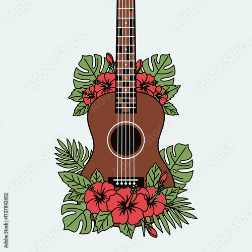 Tropical Ukulele surrounded by Hibiscus Flowers and Greenery Illustration