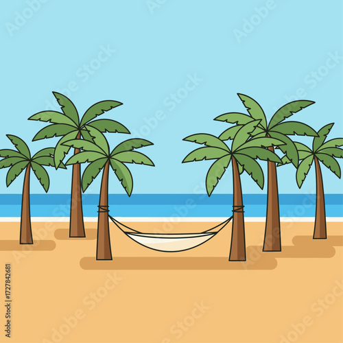 Tropical Beach Paradise Relaxing Hammock Between Palm Trees Cartoon Illustration
