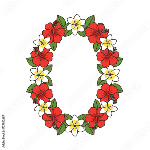 Floral Number Zero Tropical Hibiscus and Plumeria Flower Wreath Isolated Vector Illustration