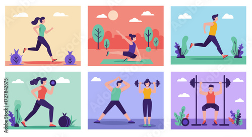 Fitness and healthy lifestyle concept with people exercising and enjoying nature vectors