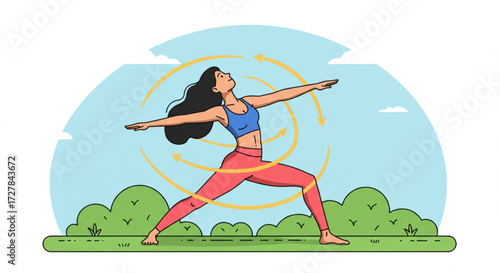 Illustration of a woman in Warrior II yoga pose outdoors, surrounded by circular arrows indicating flow, energy, or rotation.