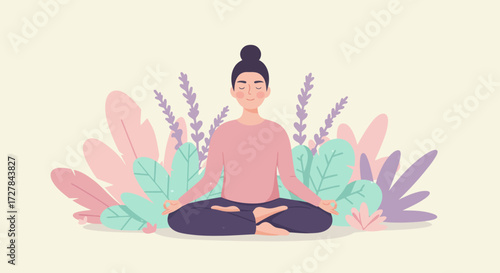Peaceful woman meditating outdoors surrounded by lush foliage, embracing wellness and serenity in a calm natural setting