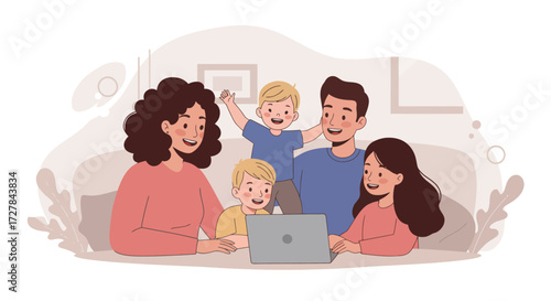 Happy family enjoying time together watching a movie on a laptop, celebrating togetherness and shared moments at home