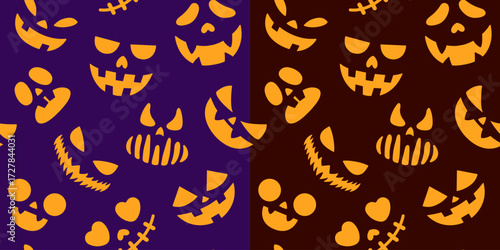 Seamless Halloween pattern with glowing jack-o’-lantern faces. Spooky, fun design for holiday decoration, background, card, invitations, printing, wrapping paper, autumn, textile, party. Flat vector.