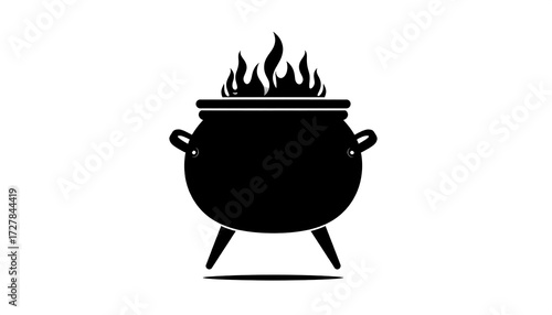 Black cauldron with flames