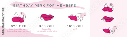 Botox injection icons. Botox injection illustrations set. Pink injection icons. Medicine. Beauty industry. Beauty industry. Botox injection infographic.