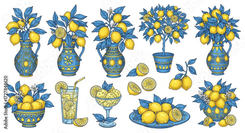 Lemon Still Life Decorative Vases and Bowls Filled with Citrus Fruits