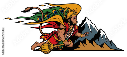 Flying Lord Hanuman with Mace and Mountain Vector Art