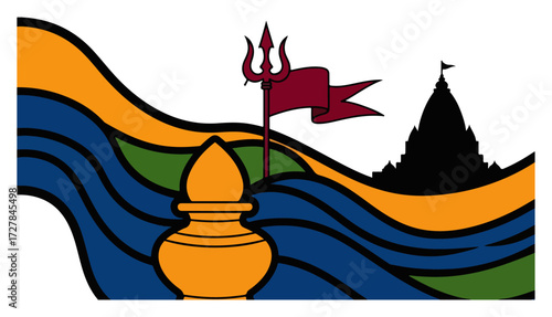 Hindu Religious Symbols with Kalash Pot and Temple Silhouette
